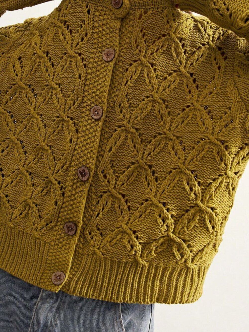 Green Casual Women's Heavy-Duty Hollow Knit Cardigan - Picture 3 of 9